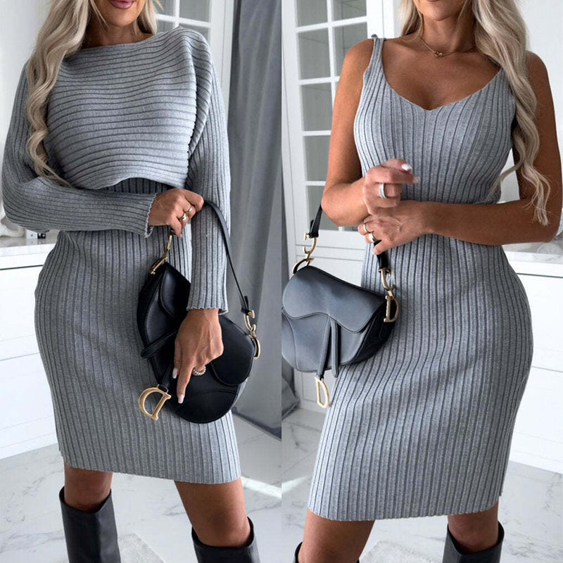 2-delig pak voor dames, effen gestreepte top met lange mouwen en strakke jarretelrok, modieuze herfst-winterkleding