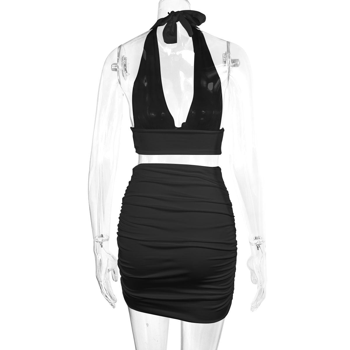 Halter Lace-up Hip Top And Pleated Hip-covering Skirt / 2pcs Dress Suits For Women