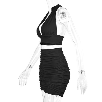 Halter Lace-up Hip Top And Pleated Hip-covering Skirt / 2pcs Dress Suits For Women