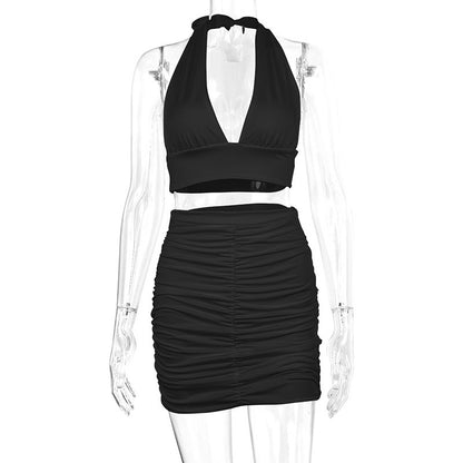 Halter Lace-up Hip Top And Pleated Hip-covering Skirt / 2pcs Dress Suits For Women
