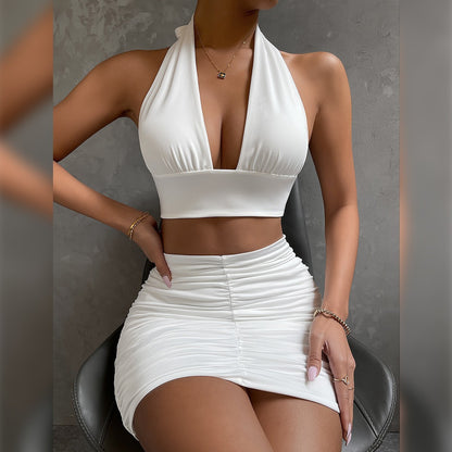 Halter Lace-up Hip Top And Pleated Hip-covering Skirt / 2pcs Dress Suits For Women