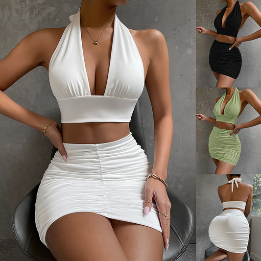 Halter Lace-up Hip Top And Pleated Hip-covering Skirt / 2pcs Dress Suits For Women
