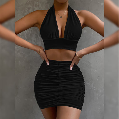 Halter Lace-up Hip Top And Pleated Hip-covering Skirt / 2pcs Dress Suits For Women